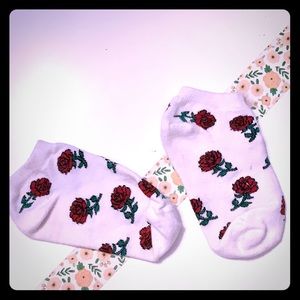 pair of white socks w/ rose prints